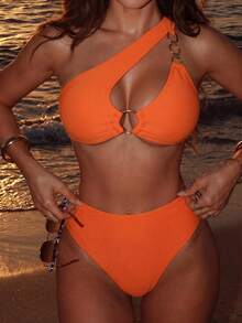 Swim SXY Damen Sommer Strand einfarbig sexy Ausschnitt Monokini Bikini Badeanzug Set - Orange - Übersicht 7