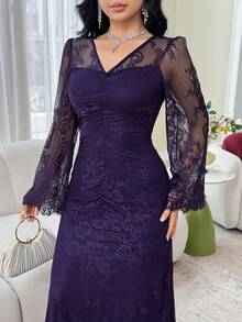 Modelyn Women's Solid Color V-Neck Lace Patchwork Fitted Elegant Long Sleeve Mini Dress - Purple - View 5