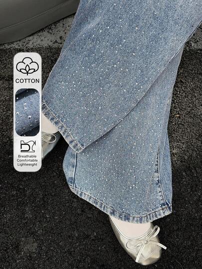 Dazy Plus Jeans rectos holgados con diseño de gradiente de rhinestones para mujer de talla grande, adecuados para todas las estaciones