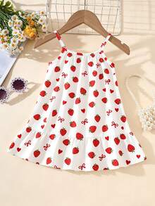 SHEIN 1 chiếc đầm không tay in hình dâu tây năng động và ngọt ngào cho bé gái 4-7 tuổi, chất liệu nhẹ, kiểu dáng sinh động và bắt mắt, phù hợp cho kỳ nghỉ biển/mặc thường ngày, mùa hè. - Nhiều màu - Xem 6