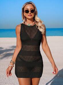 Momance Robe de cache-maillot de maternité noire ajourée sans manches, vacances à la plage, vacances d'été, tropical - Noir - Voir 5