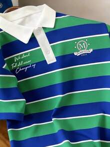 Manfinity Joysei Men's Retro College Style Blue & Green Striped Polo Shirt, Young & Fashionable, Suitable For Daily Wear - Multicolor - View 3
