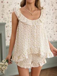 CottageSlumber Ditsy Floral Sleeveless Ruffle Hem Women Pajama Set - Yellow - View 4