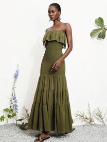 Aveloria Modichic Đầm nghỉ mát lãng mạn kiểu Pháp thanh lịch màu xanh ô liu bằng vải chiffon, có bèo nhún ở gấu váy, hở lưng, ôm sát và tôn dáng. - xanh quân đội - Xem 5