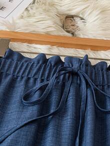 SHEIN PETITE CURVE Quần ống rộng cạp cao, thun co giãn, viền bèo nhún dành cho nữ cỡ lớn, trang phục công sở thanh lịch, quần tây màu xanh dương, phù hợp cho kỳ nghỉ hè. - Màu xanh lam - Xem 4