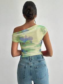 Firerie 女士不对称领浅绿色印花褶皱不对称领T恤上衣，印花衬衫，不对称肩部上衣，春夏服装，海滩早午餐度假装，通勤，优雅时尚，度假，海滩，波西米亚风，夏威夷，音乐节，约会单肩上衣，单肩吊带上衣，单肩T恤，单侧上衣，女士最新款上衣，夏季上衣 - 薄荷綠 - 查看 2
