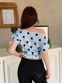 K-Vae Light Blue Polka Dot Ruched Off-Shoulder Crop Top For Women, Asymmetric Neckline Short Sleeve Blouse, Y2K Sweet Casual Style - Baby Blue - View 2