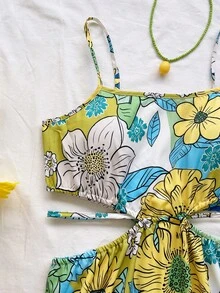 Vestido camisero retro de línea A y largo midi con impresión floral tropical verde, abertura lateral con lazo en la cintura, estilo vacacional - Multicolor - Ver 4