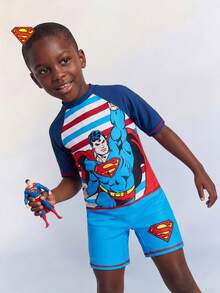 SUPERMAN X SHEIN Maija Kids 男童春夏修身拼接泳装，合作款 - 藍色 - 查看 3