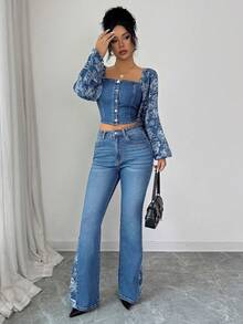Elenzga 2pcs/Set Women's Stylish Denim Outfit, Long Sleeve Cold-Shoulder Top And High Waist Pants - Medium Wash - View 3
