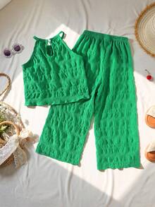 SHEIN Vintaside Kids 女童休闲简约时尚日常圆领无袖短款纯色纹理面料定制绿色女童夏季背心，松紧腰宽松长款纯色休闲裤，女童返校装，女童夏季户外旅行度假服装 - 綠色 - 查看 2