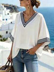 女士宽松V领条纹印花休闲通勤优雅度假衬衫 - 黑與白 - 查看 1