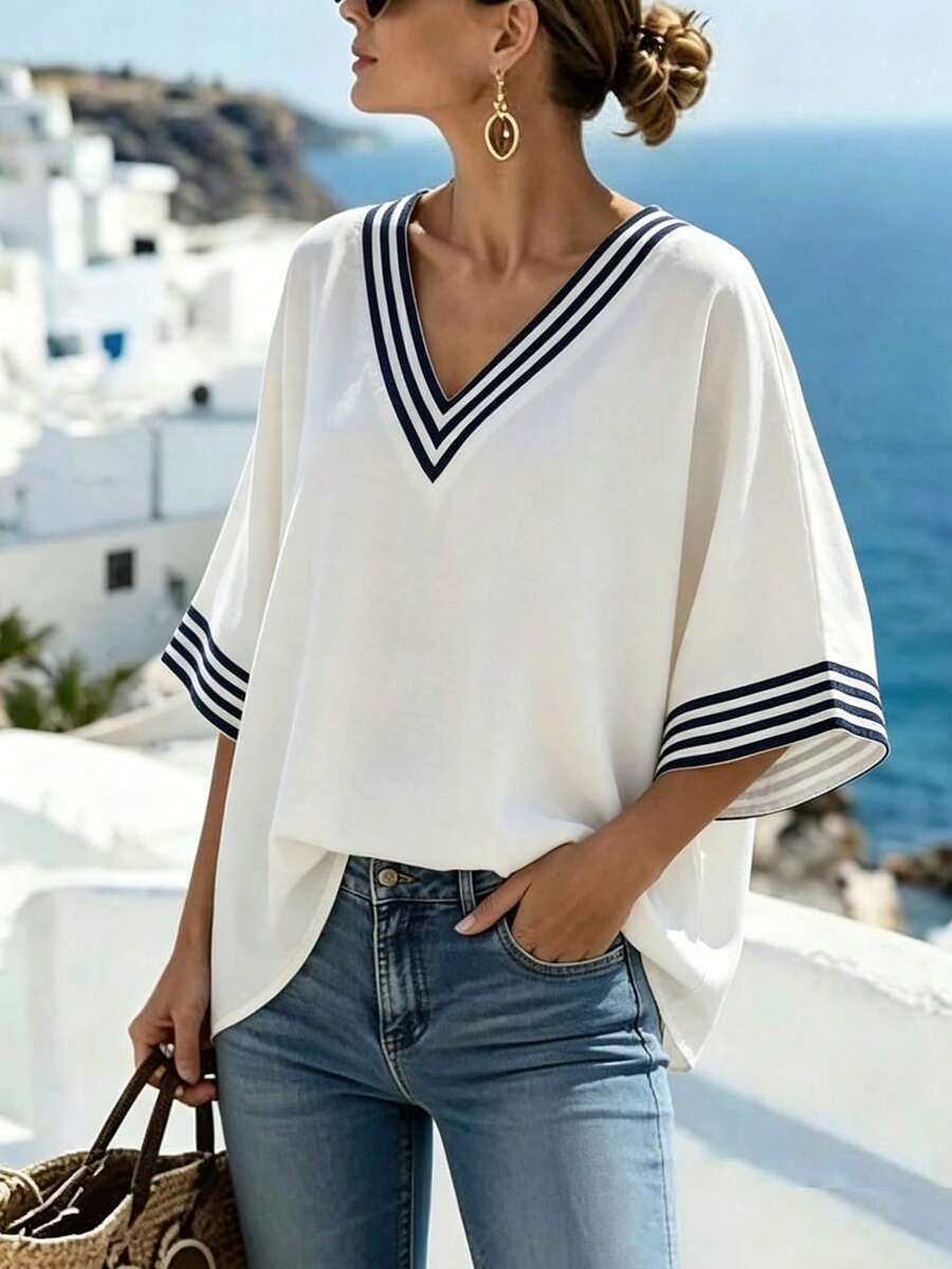 女士宽松V领条纹印花休闲通勤优雅度假衬衫 - 黑與白 - 查看 1