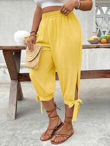 Breezaya Plus Size High Waist Drawstring 7/8 Pants, Spring/Summer - Yellow - View 6