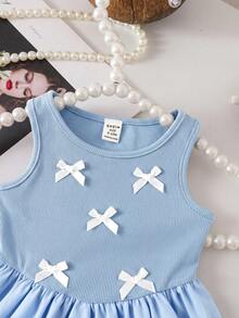 SHEIN Baby Girl Cute Bow Knit Sleeveless Romper, Blue, Summer - Blue - View 4