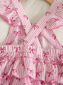 SHEIN Vintaside Kids Baby Girls' Cute & Fun Comfortable Woven Fabric Cap Sleeve Multilayer Ruffle Strap Romper, Suitable For Spring & Summer - Pink - View 9