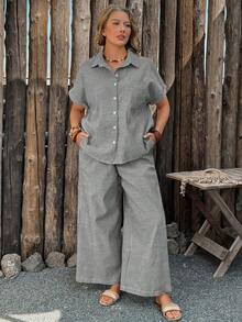 Linhara CURVE Ensemble 2 pièces grande taille, chemise en coton élégante et décontractée avec poches pour le travail/printemps/été/automne et pantalon droit en coton - Noir - Voir 7