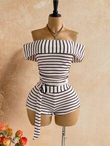 Soleia 露肩条纹连体裤，适合度假、音乐节、波西米亚风格 - 彩色 - 查看 8