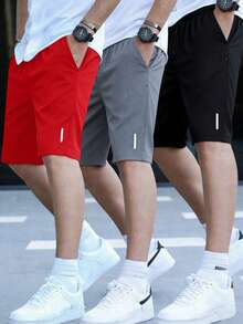 SHEIN 3pcs Teen Boy Casual Color-Block Reflective Strip Pattern Shorts Set, Black/Grey/Blue, For Sports & Home, School, Campus, College - Red - View 4