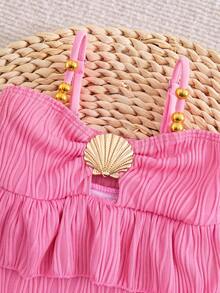 SHEIN Baby Girl One-Piece Swimsuit,Holiday Cute Polyester Swimwear For Young Girls,Fashionable Colorful Ruffle Bathing Suit With Seashell Trim Monokini - Hot Pink - View 3