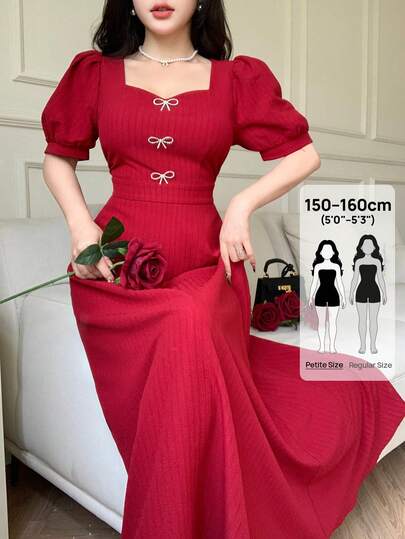 Feyla Petite Women's Rhinestone Bow Decor Short Petal Sleeve Elegant Long Dress