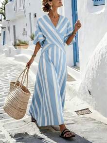 SHEIN Holidaya 女士黄色条纹宽松度假春夏V领修身蝙蝠袖连衣裙，适合度假、休闲、居家和日常活动 - 薄荷藍 - 查看 3