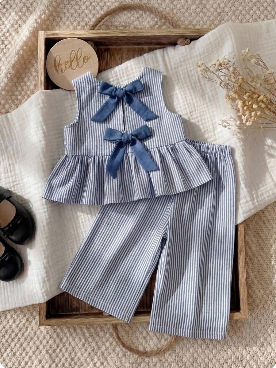 Bộ đồ 2 món cho bé gái gồm áo không tay và quần legging kẻ sọc, quần áo trẻ em, bộ đồ mùa hè 2 món cho bé gái. - Màu xanh lam - Xem 1