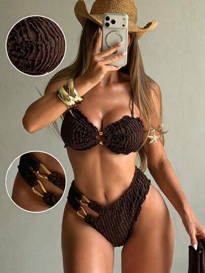 Swim SXY مجموعة بيكيني بانديو مزخرف مكونة من 3 قطع مع أشرطة قابلة للإزالة، زخرفة معدنية، أنيقة وجذابة للارتداء في الشاطئ والمنتجعات