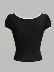 Girlism Teen Girls' Bowknot Puff Sleeve Fitted T-Shirt, Contrast Lace Trim - Black - View 2