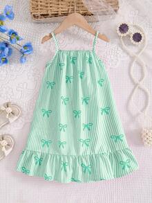 SHEIN Đầm hai dây bằng vải dệt, có nơ và sọc, in kỹ thuật số, viền xếp ly, thích hợp cho bé gái mặc hàng ngày vào mùa hè, đi chơi, du lịch, nghỉ mát, dự tiệc. - màu xanh lá - Xem 2