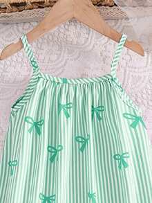SHEIN Đầm hai dây bằng vải dệt, có nơ và sọc, in kỹ thuật số, viền xếp ly, thích hợp cho bé gái mặc hàng ngày vào mùa hè, đi chơi, du lịch, nghỉ mát, dự tiệc. - màu xanh lá - Xem 5