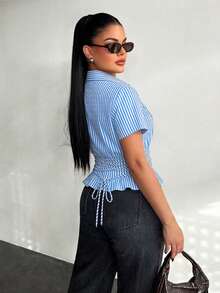 BamGleam French-Style Slim-Fit Blue And White Striped Short-Sleeved Sexy And Elegant Women's Blouse, Suitable For University Campus Wear. Button-Down Top, Blue Striped Shirt, New Summer And Autumn Style Women's Blue Striped Waist-Tie Slim-Fit Long-Sleeved Blouse, Back Tie, Deep V-Neck. - Blue and White - View 2