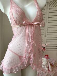 2pcs Set Romantic French Style Pink Lace Patchwork Polka Dot Ruffle Hem Sexy Slit Babydoll Dress For Going Out - Pink - View 5