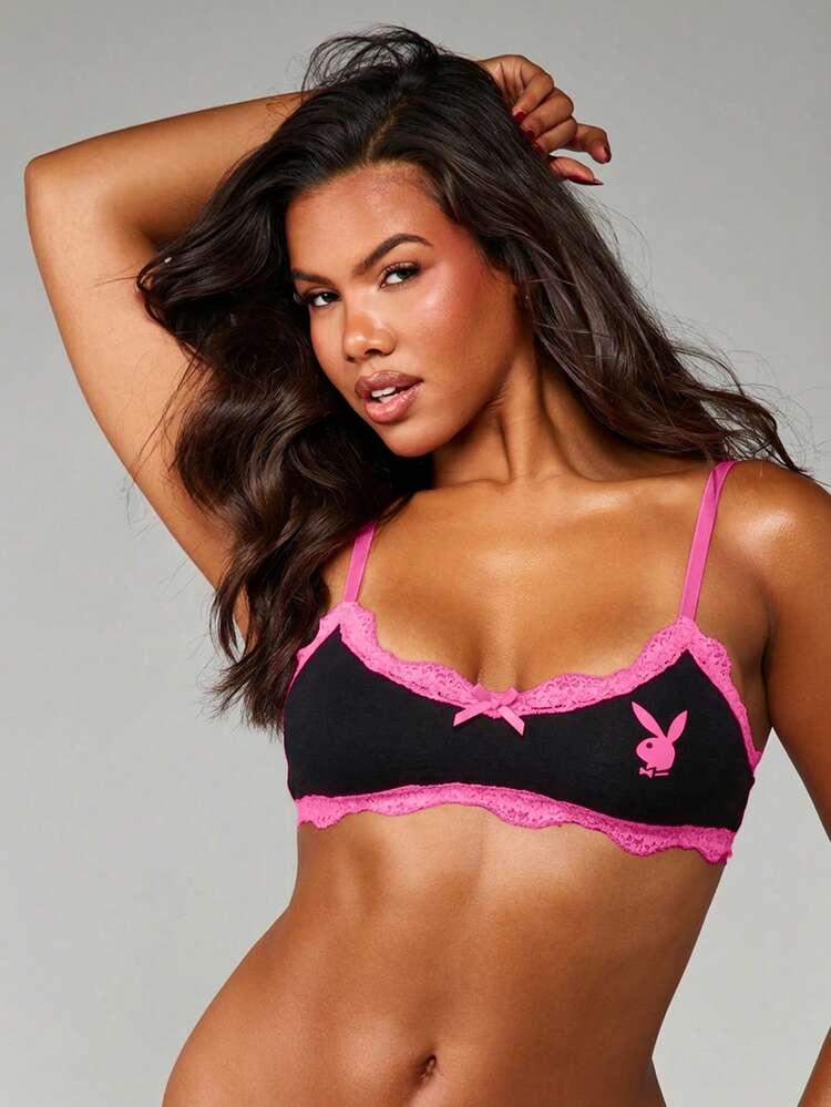 Missguided x Playboy Sexy Lace Trim Bralette Pink Accents Bunny Logo Intimate Lingerie For Women