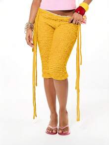 SUMWON WOMEN 钩编纹理七分裤，侧边系带设计，流苏点缀，及膝长度，适合夏季节日穿着 - 黃色 - 查看 3