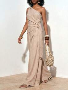 Zivah Women's Sleeveless Loose Jumpsuit With Asymmetric Shoulder Design - Khaki - View 9