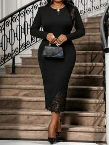 SHEIN Lady Plus Size Solid Color Lace Patchwork Fitted Elegant Skirt Summer Valentine Valentine's Day Valentine For Women - Black - View 3