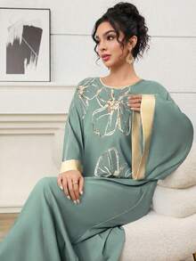 Al Najma Women's Casual Floral Print Round Neck Dress, Suitable For Gatherings And Outings - Green - View 3