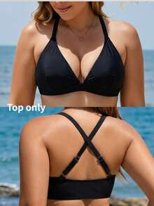 Swim Lushoire Plus Size Solid Color Minimalist Everyday Swimwear Top - Black - View 1