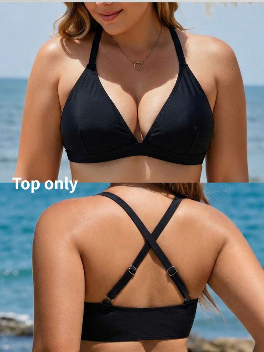 Swim Lushoire Plus Size Solid Color Minimalist Everyday Swimwear Top - Black - View 1