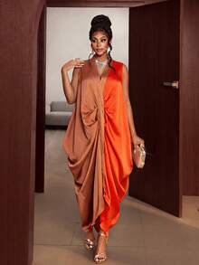 Maweii Plus Size Women Sexy Vacation Asymmetric Neck Brown Striped Print Short Asymmetric Sleeve Dress Gym Summer - Multicolor - View 7