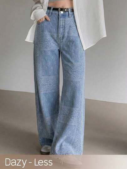 Dazy-Less Quần jeans ống rộng dáng chuối in họa tiết, chất liệu mềm mại, phù hợp cho mùa xuân hè, phong cách boho.