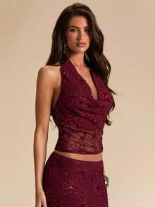 SHEIN BAE Atasan Camisole Tanpa Punggung dengan Hiasan Manik-Manik dan Bordir Biru, Cocok untuk Liburan, Pakaian Sehari-hari, Kencan, Pesta, Festival Musik, Atasan Musim Panas - Burgundy - View 4