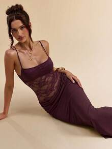 SHEIN BAE 女士夏季蕾丝薄纱吊带裙 - 紫紅色 - 查看 6