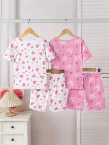 4 Stücke Mädchen Elastisch Gestrickt Kurzarm Shorts Pyjama Set mit Schleife & Herz Dekor, Weich & Bequem, Tolles Geschenk für Teenager Mädchen - Pink - Übersicht 2