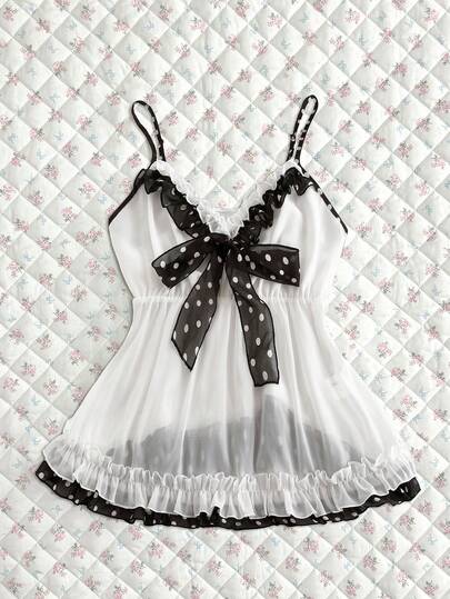 Sweetra Plus Size Women's Summer Vintage Beach Vacation Polka Dot Print Tie-Front Babydoll Cami Top
