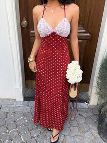 Sunnyshic Đầm maxi nữ màu đen chấm bi phối ren, cổ chữ V, hở lưng, buộc eo, thích hợp cho mùa xuân/hè, thanh lịch cho kỳ nghỉ/hẹn hò/đám cưới, phong cách tối giản mặc hàng ngày. - Màu Đỏ Sâu - Xem 4