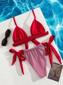 Swim Mod Bộ bikini buộc dây cổ màu tương phản kẻ sọc dành cho nữ cỡ lớn - Nhiều màu - Xem 2