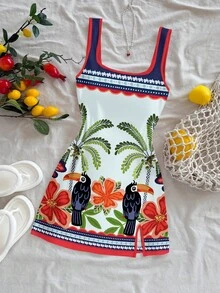 SHEIN WYWH U领露背迷你连衣裙，适合夏季穿着 - 淺藍色 - 查看 3