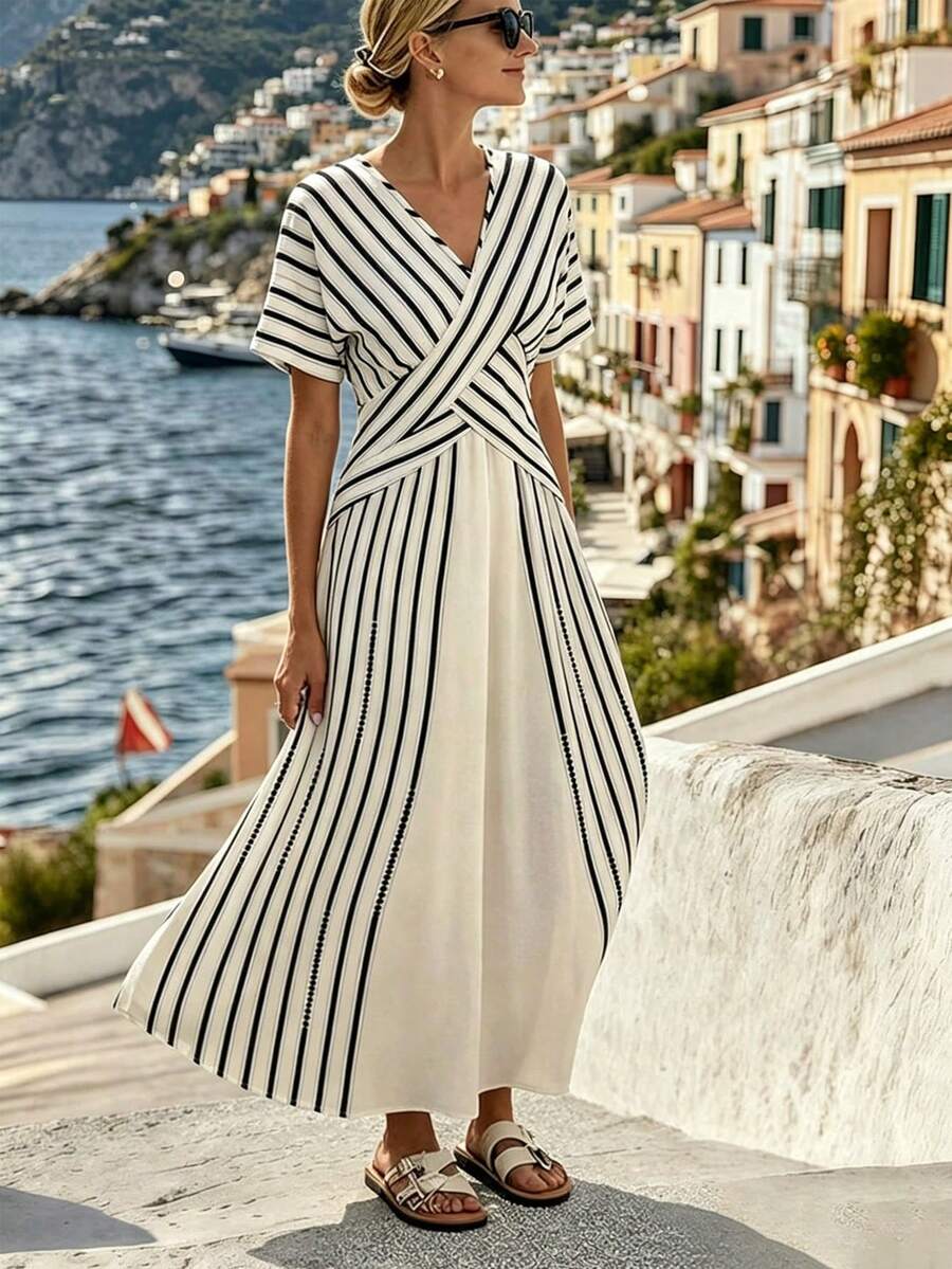 Breezaya Women's Striped Criss-Cross Design Minimalist Elegant Dress, Suitable For Vacation And Beach,Women's Striped Dress, Suitable For Everyday Wear, Beach Vacations, Summer Dresses, Summer Outfits, Fashionable, Fitted Waist, Stylish Casual Commuting Wear, Outdoor Wear, V-Neck Dress, Raglan Sleeves, Fashionable Urban Wear. Greece Vacation Outfits Women Yisikado Dress - Black and White - View 1